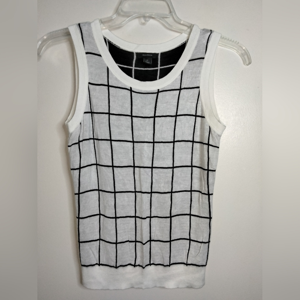 Halogen (Size M) White & Black Grid Pattern Viscose Stretch Sleeveless Tank Top